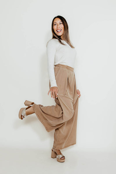 Pintucked Flowy Wide Leg Pants for Women in Taupe