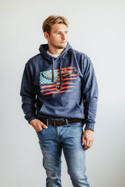 Ariat Logo American Steer Hoodie for Men in Blue Heather