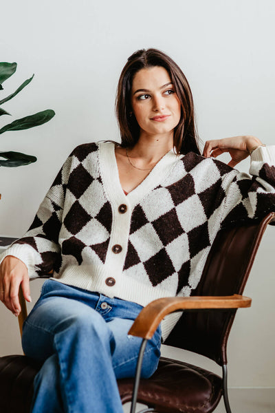 Blu Pepper Diamond Print Cropped Cardigan for Women in Brown