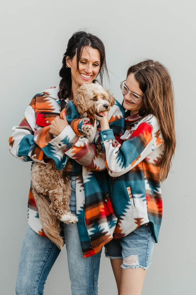 Youth Polar Fleece Shacket for Girls in Red Aztec