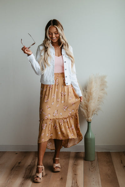 Pink Rose Hi-Low Midi Skirt for Women in Mustard Floral