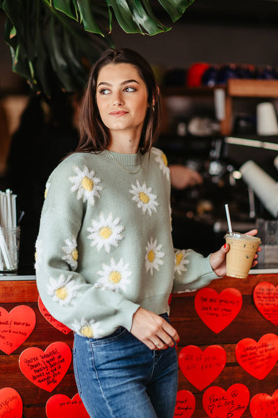 Simply Southern Womens Sweater for Women Daisy Print Cropped Sweater for Women in Green