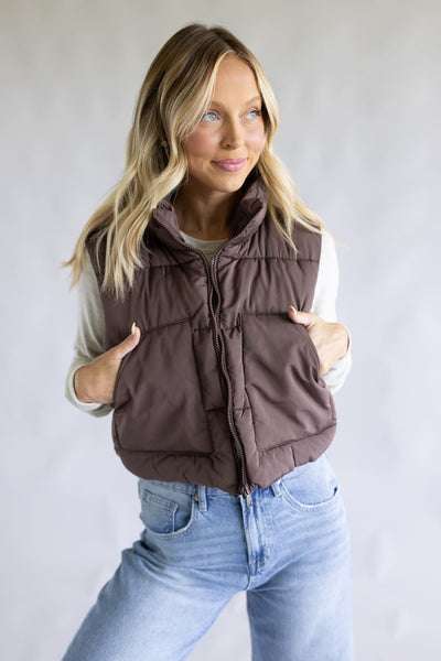 Love Tree Cropped Puffer Vest for Women in Espresso