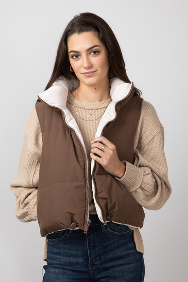 Love Tree Cropped Reversible Puffer Vest for Women in Cocoa/Brown