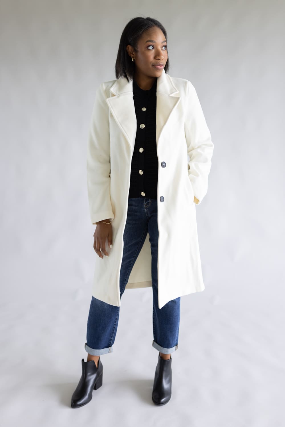 Love Tree Two Button Long Coat for Women in Ivory | 80260JN-IVORY