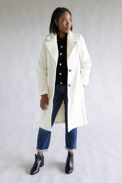 Love Tree Two Button Long Coat for Women in Ivory