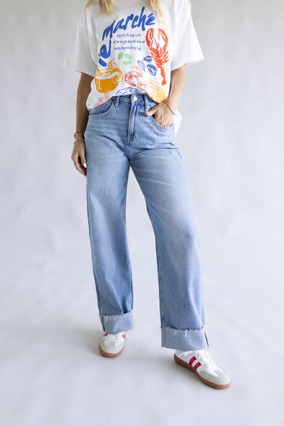 Mica Med Rise Raw Hem Cuffed Barrel Jeans for Women