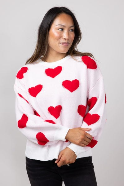 Miracle Multi Heart Sweater for Women in Ivory/Red