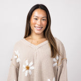 Miracle V Neck White Floral Sweater for Women in Taupe