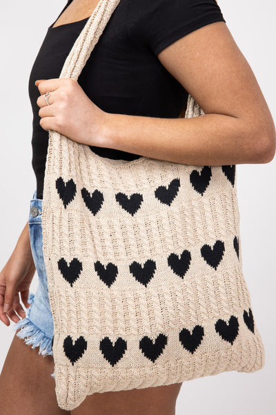 Black Heart Sweater Bag for Women in Beige/Black