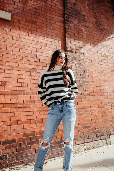 Striped Turtleneck Sweater for Women in Black/White