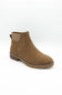 A single brown suede Chelsea-style ankle boot with a low stacked heel and elastic side gore, photographed on a clean white studio background.
