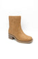 A tan faux-leather ankle boot with a chunky block heel, shown from a side profile on a white background.