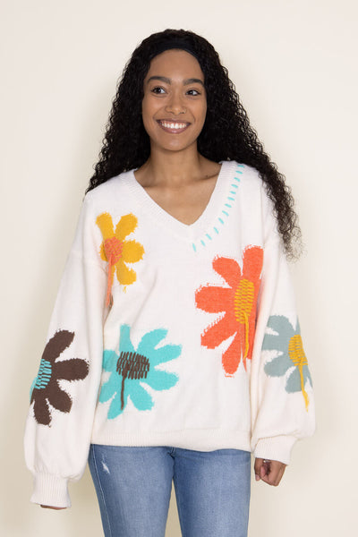 POL V-Neck Multi Flower Sweater for Women in Ivory | YST341-IVORY – Glik's