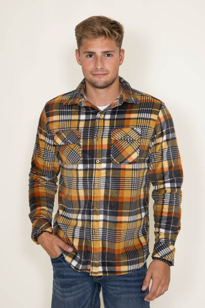 Plaid Polar Fleece Shacket for Men in Mustard Yellow