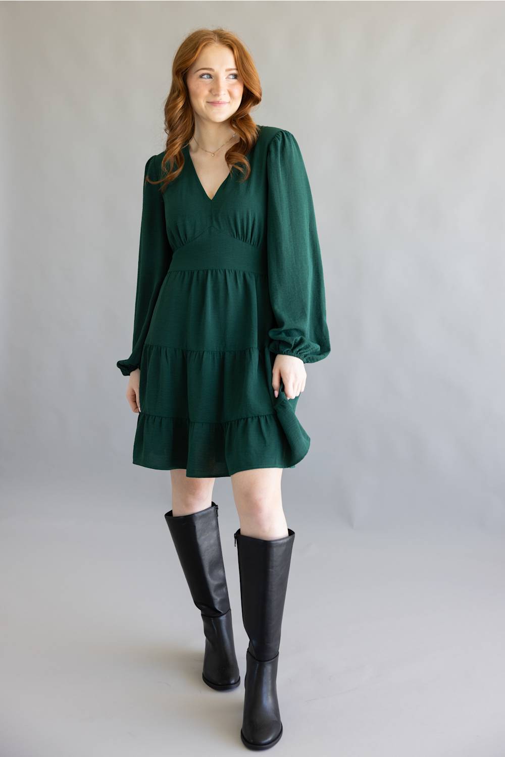 Rokoko Tiered V-Neck Mini Dress for Women in Hunter Green at Glik's , M