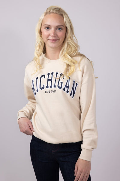 1897 Active Embroidered Michigan Fleece Sweatshirt for Women in Cream Navy