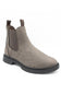 A taupe-brown suede Chelsea boot with dark brown elastic side panels and a black lug sole, shown from a three-quarters angle on a white background.
