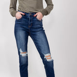 Risen Dark Wash High Rise Distressed Skinny Jeans for Women