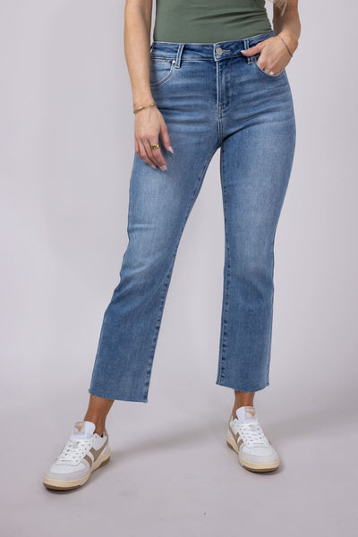 Risen Mid-Rise Straight Raw Hem Jeans for Women