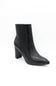 A single black leather ankle boot with a pointed toe and a chunky block heel, photographed from a three-quarters angle on a clean white background.