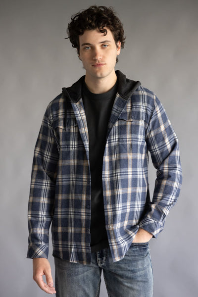 Hooded Plaid Flannel for Men in Washed Denim
