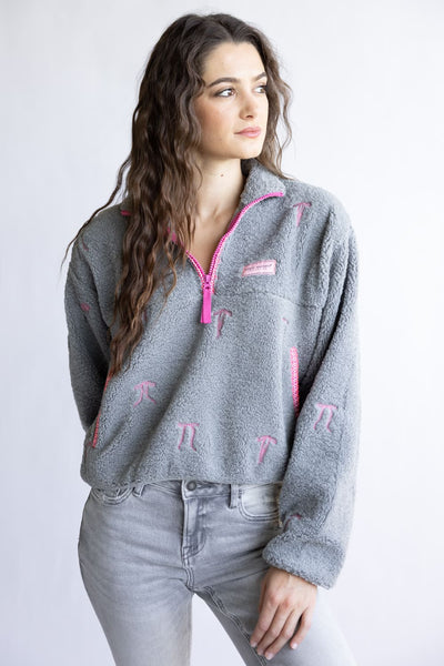 Simply Southern Taylor ½ Zip Pink Bows Pullover for Women in Grey