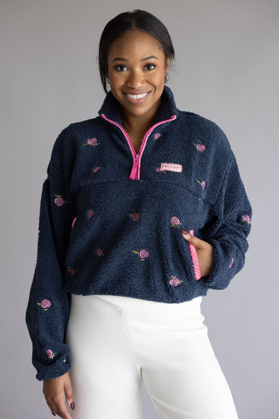 Simply Southern Taylor ½ Zip Pink Flower Pullover for Women in Navy