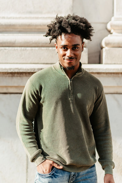 Sand Washed ¼ Zip Sweater for Men in Green