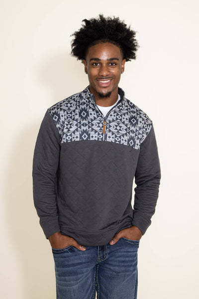 Simply Southern Mens Shirts 1/4 Zip Geo Print Quilted Pullover for Men in Grey