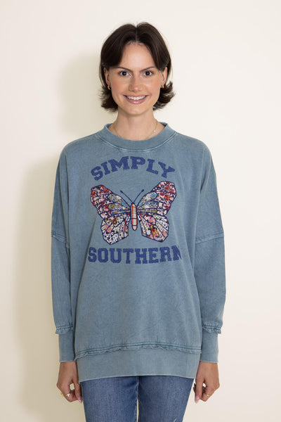 Simply Southern Butterfly Distressed Pullover for Women in Blue