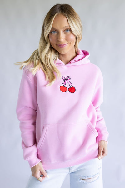 Simply Southern Embroidered Dilara Cherry Hoodie for Women in Pink