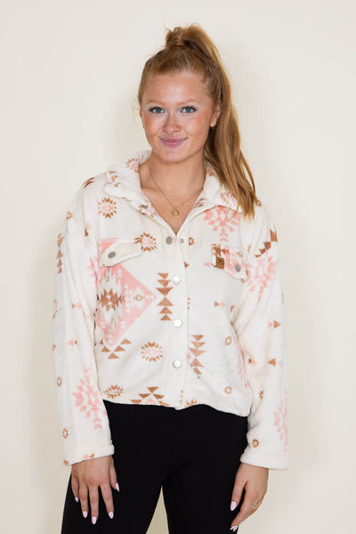 Simply Southern Furry Snap Sherpa Shacket for Women in Cream Aztec