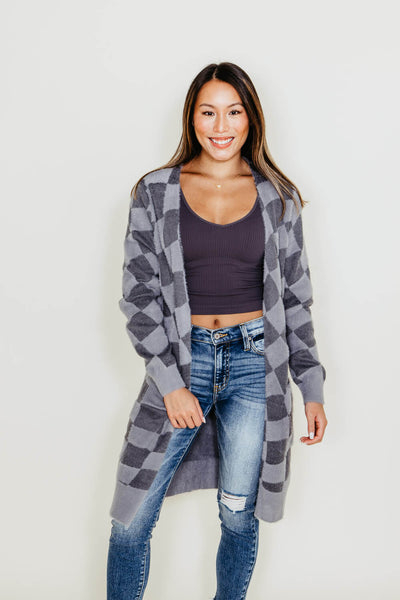 Womens Simply Southern Fuzzy Checkerboard Long Cardigan for Women in Grey
