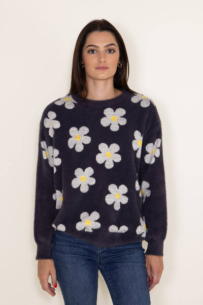 Simply Southern Womens Fuzzy Daisy Print Crewneck Sweater for Women in Grey