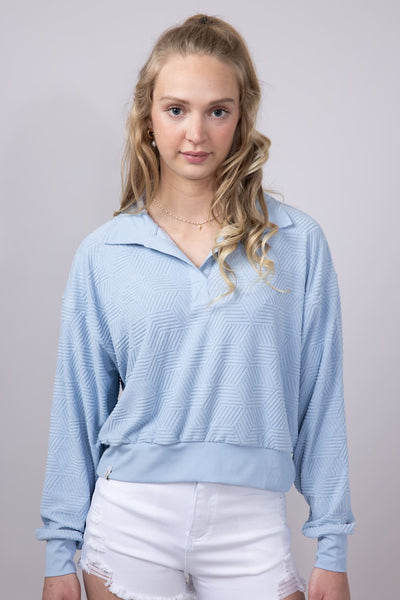 Simply Southern Geo Pattern Johnny Collar Pullover Top for Women in Ice Blue