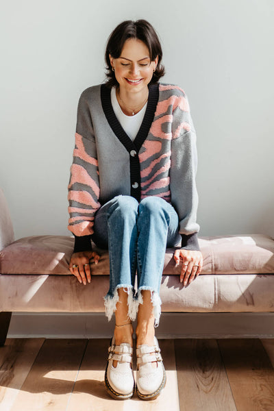 Simply Southern Groovy Zebra Print Cropped Cardigan for Women in Grey