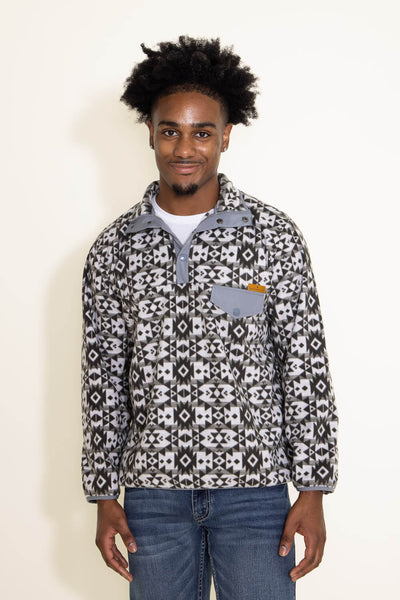 Mens Simply Southern Pullover Snap Fleece Geo Print Pullover for Men in Grey