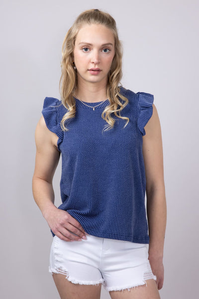 Women's Simply Southern Urban Ribbed Knit Ruffled Sleeve Top for Women in Navy