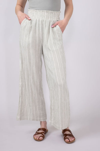 Stripe Smocked Waist Linen Pants for Women in Sage/Cream