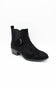 A single black suede ankle boot with a side buckle strap, shown from a three-quarters angle on a white background.