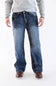 Men's True Luck Truman Loose Straight jeans in a dark wash, featuring a relaxed fit, whiskering at the hips, and subtle fading down the straight legs, styled with a gray sweater and brown shoes.