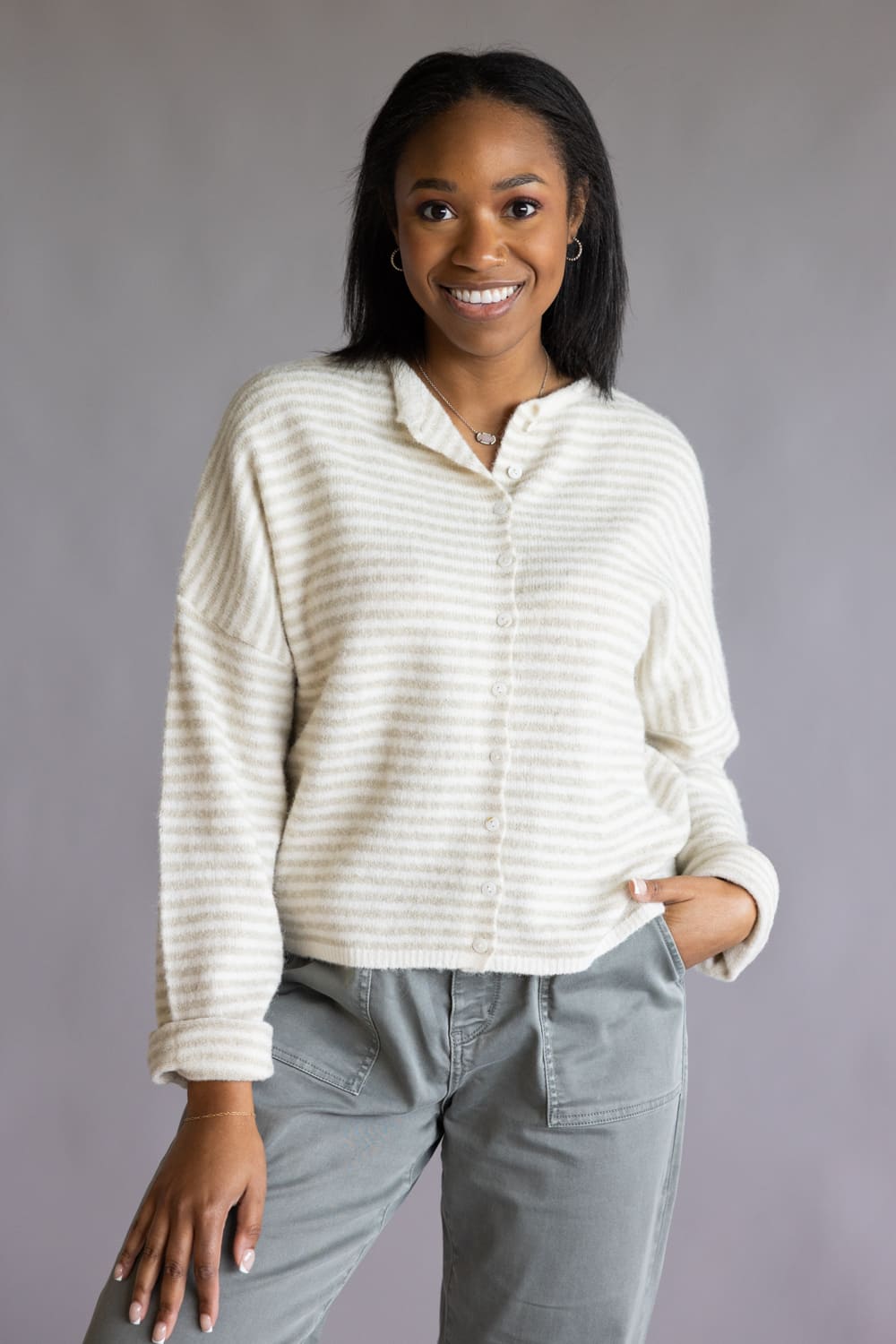 Things Between Piper Cardigan for Women in Cream Stripe | TBW13418