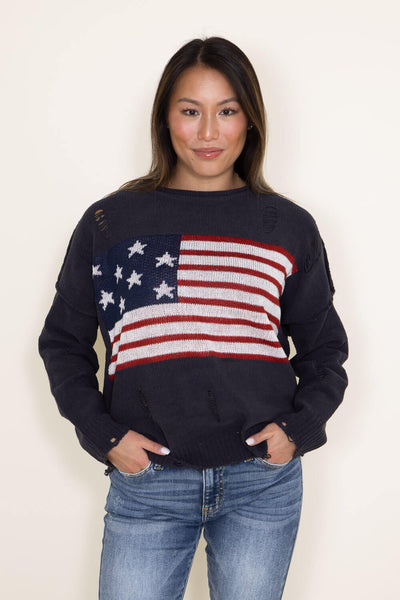 Distressed American Flag Sweater for Women in Charcoal