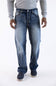 Men's dark wash loose straight-leg denim jeans featuring subtle fading and whiskering details.