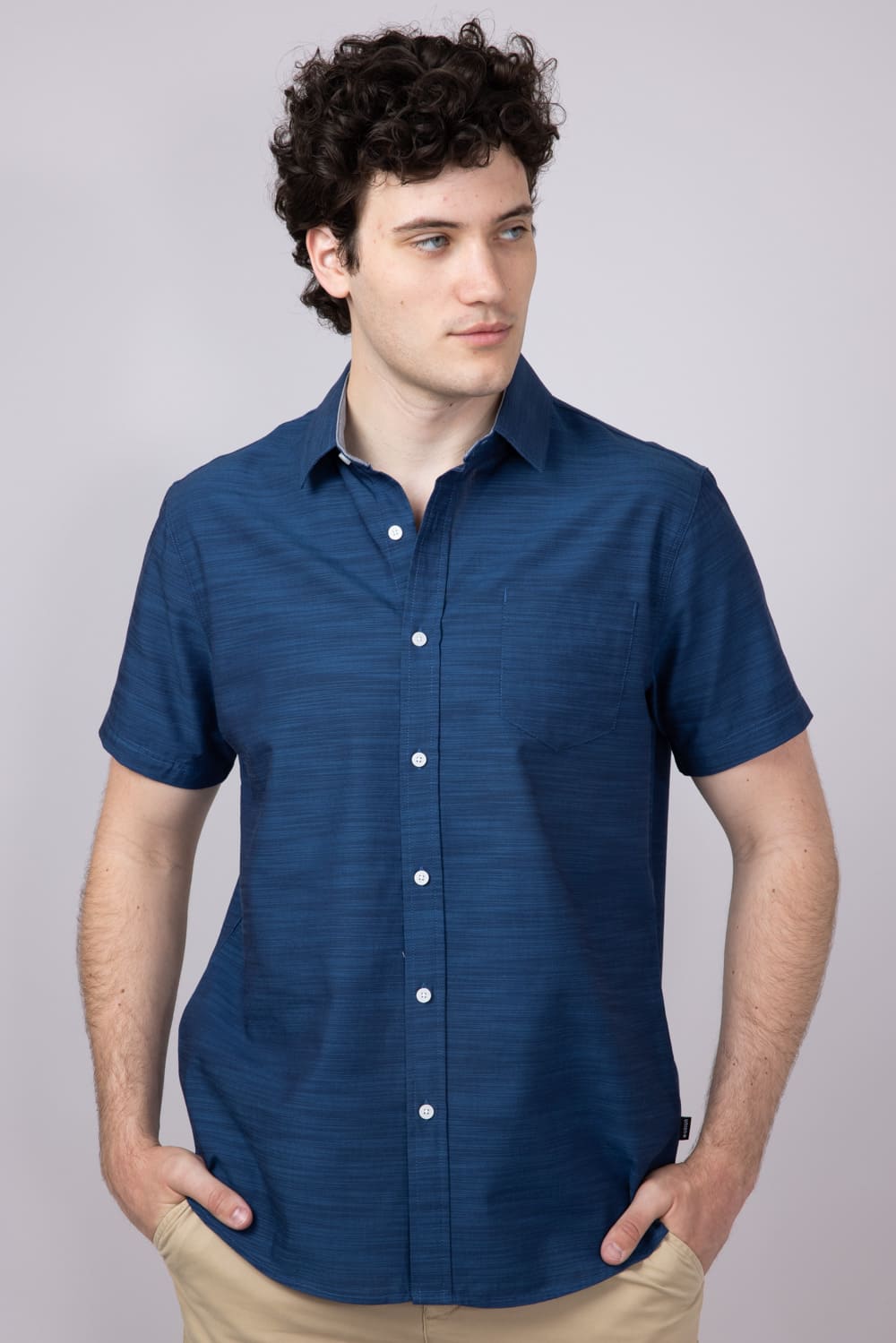 Union Lennox Slub Cotton Button Up Shirt for Men in Dark Blue H13350