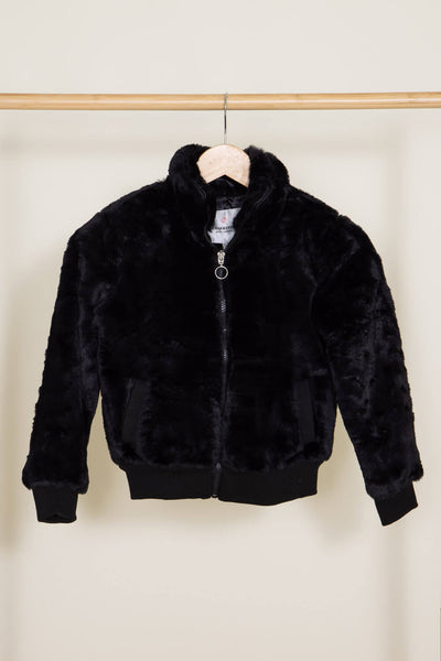 Youth Faux Fur Bomber Jacket for Girls in Black