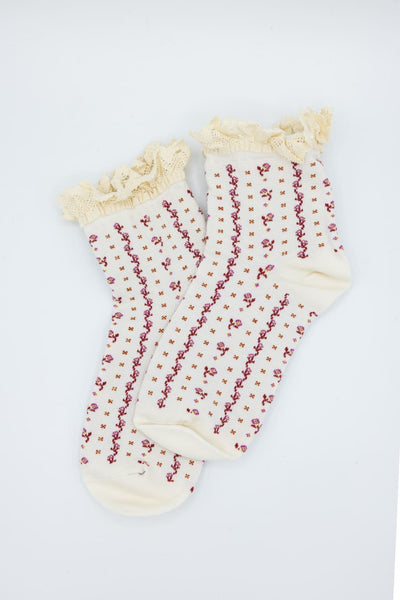 Rosebud Waffle Knit Socks for Women in White