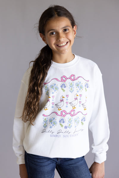Simply Southern Youth Dilly Dally Goose Crewneck for Girls in White