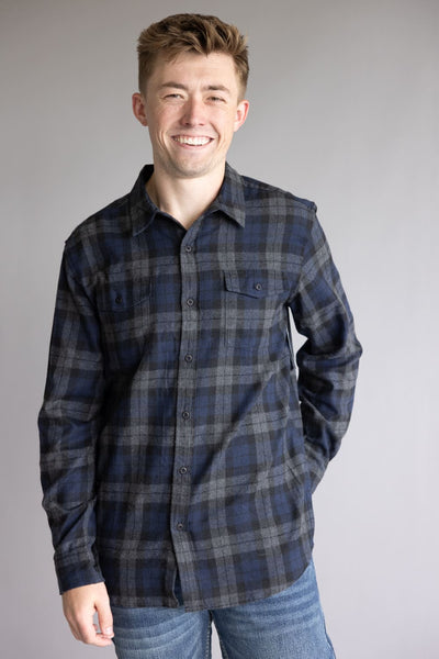 Plaid Flannel Shirt for Men in Navy Grey